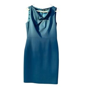 Tahari Teal Sleeveless Asymmetrical Neckline Sheath Dress Quiet Luxury